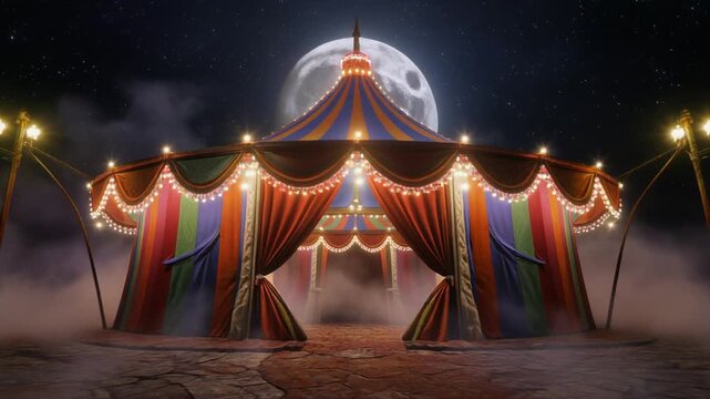 Vintage big top circus tent entrance illuminated by warm lights under a massive full moon in a foggy night sky.