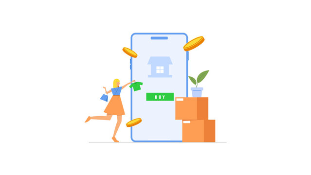 spending buy e commerce illustration with packaging box and phone for presentation element design