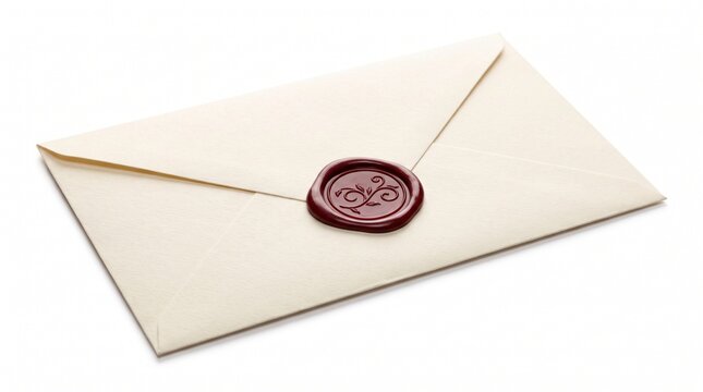 Cream colored envelope sealed with a burgundy wax seal featuring a floral design on a white background