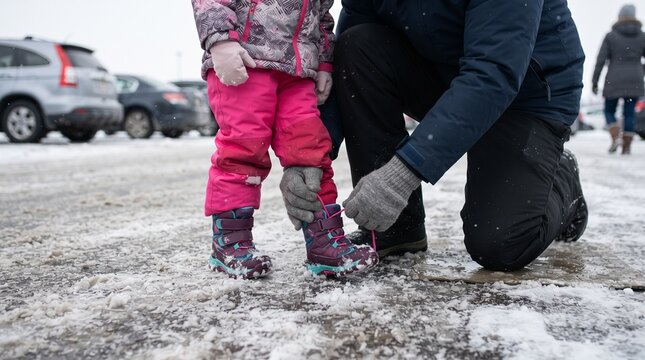 Father tying child's boot in snowy parking lot