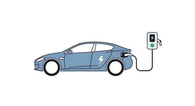 Electric car charging at a power station in profile view vector illustration