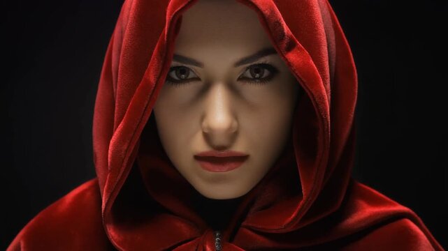 Mysterious Woman in Red Velvet Hooded Cloak Staring Dramatically at Camera against Black Background Cinematic Portrait