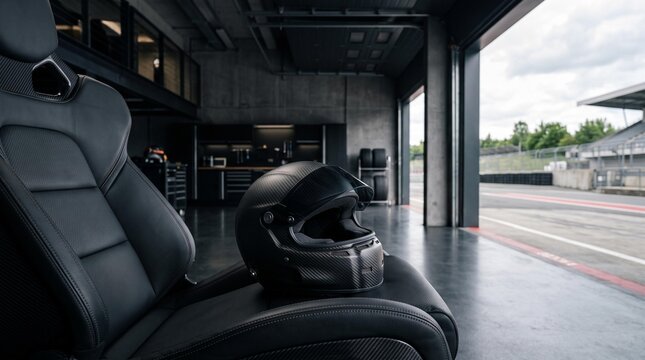 Racing car seat and helmet in a garage overlooking the track.