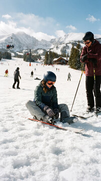 Skier sitting in snow adjusting ski boot during a sunny day on mountain