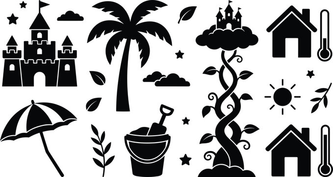Fairy tale adventure silhouettes set featuring sand castle palm tree umbrella bucket toys beanstalk bean stalk house and temperature thermometer elements