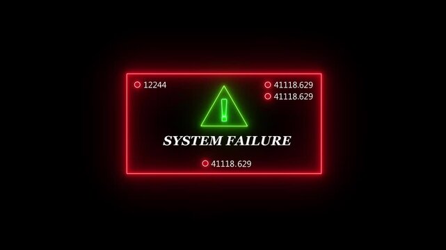 Digital system failure alert with glowing neon red border and green warning triangle featuring rapidly changing data streams and technical error code overlays for cyber security motion