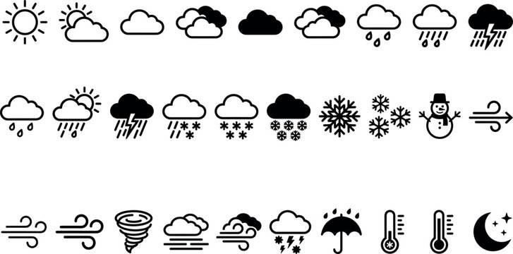 Weather forecast black line and solid vector icon set featuring sun clouds rain thunderstorm snow snowman tornado thermometer and wind symbols