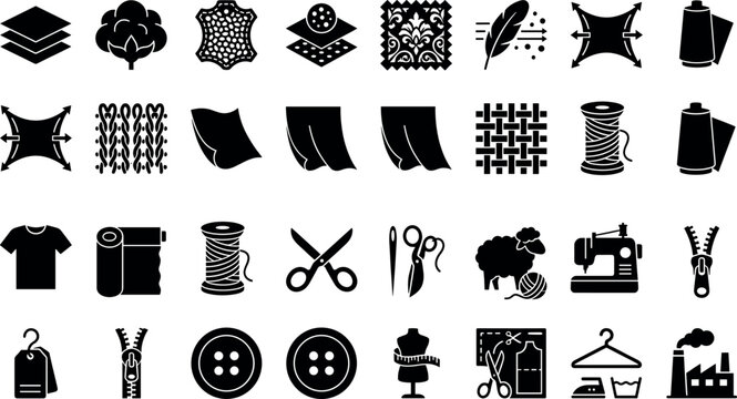 Garment textile materials and professional fashion sewing tailoring industry solid silhouette icons mega vector set featuring manufacturing equipment tools