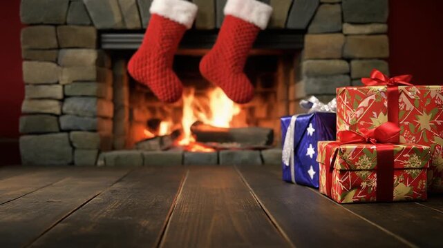 Cinematic shot of cozy Christmas fireplace with burning logs, red stockings hanging, and wrapped gift boxes on wooden floor at home.