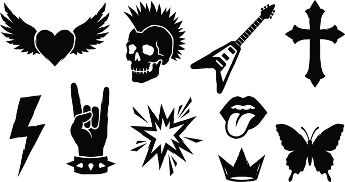 Heavy metal and punk rock music elements set featuring mohawk skull electric guitar winged heart rock hand sign lightning bolt and gothic cross
