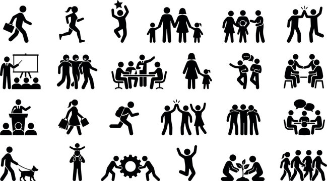 Stick figure people icon mega vector set featuring human silhouettes in business family shopping sports and team work poses