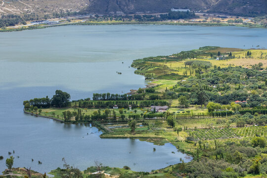 Aerial Panoramic View of Yahuarcocha Lake and Mountain Landscape from Ibarra Lookout Point Ecuador