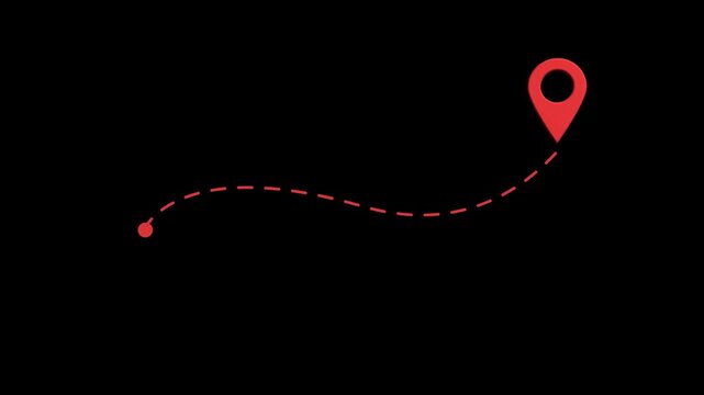 3d red location pin animation with dotted travel path gps navigation route map marker destination pointer outline graphic element seamless looping video asset 4k