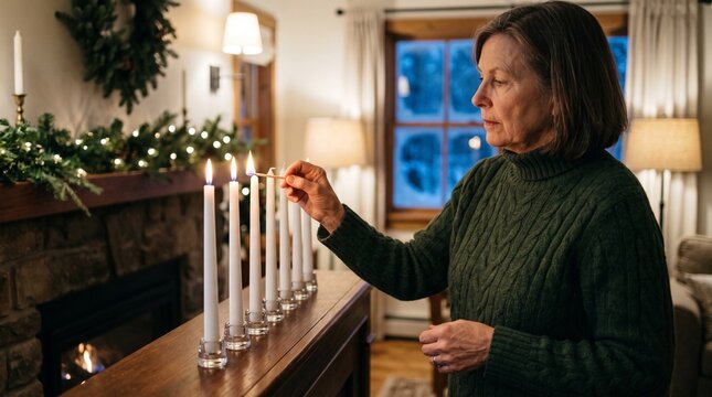 Woman lighting candles on a mantelpiece with Christmas decorations and a fireplace