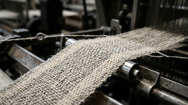 Close-up of natural fiber fabric being expertly woven on a traditional industrial loom, highlighting the intricate process of textile manufacturing and sustainable material creation