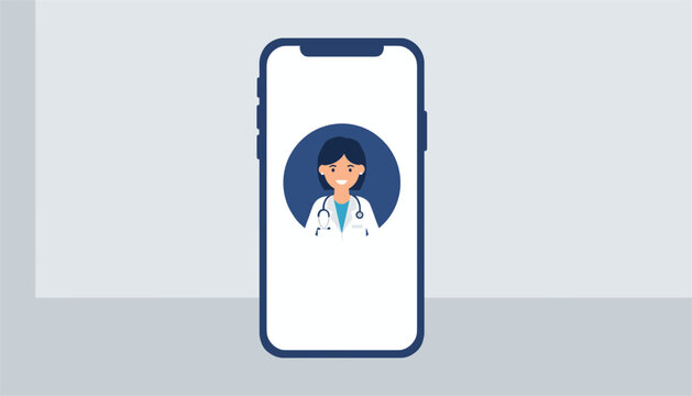 Portrait of a female doctor in a lab coat appears on a smartphone screen representing a virtual healthcare medical consultation service.