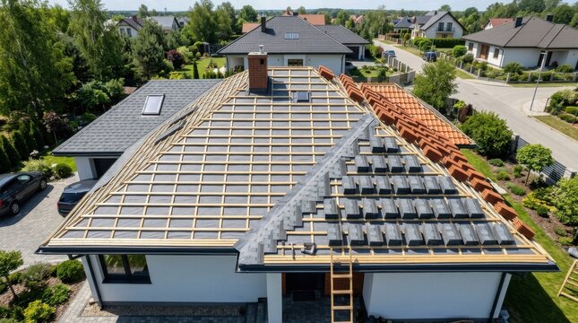 Residential house under construction with timber battens on roof structure and stacked tiles ready for installation.