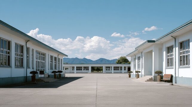 Tranquil school courtyard with open sky and mountains in background