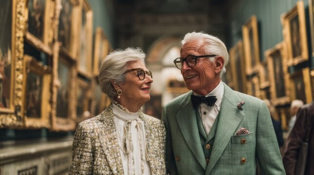 Elderly couple enjoying their time together in an art gallery while looking at paintings and sharing smiles during their visit