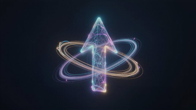 Glowing arrow with atomic rings, vibrant light trails against dark background.