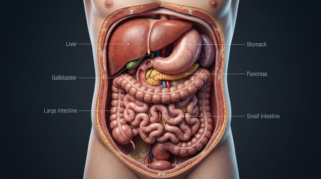Anatomical Human Digestive System Showing Liver Stomach Pancreas and Intestines for Medical Education and Science
