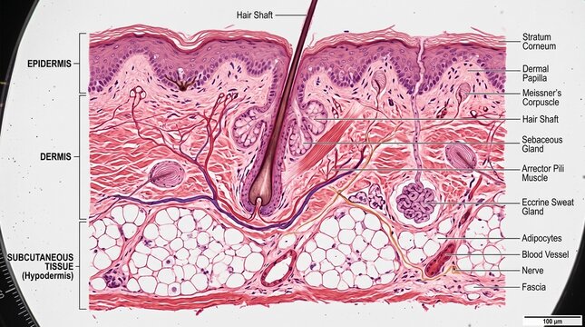 Cross section of Human Skin Showing Epidermis Dermis and Subcutaneous Tissue with Anatomy Labels for Medical Study