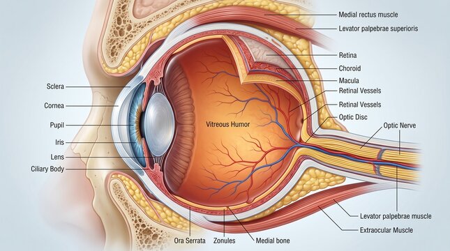 Eye Anatomy Diagram Showing a Detailed Medical Cross sectional View of the Human Eyeball and Ocular Structures