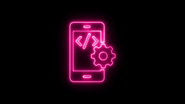 mp4","Neon pink smartphone icon with code tag and gear symbol for mobile development.