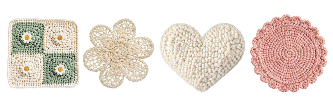 Cute Handmade Crochet Coaster Set with Daisy, Heart and Floral Patterns