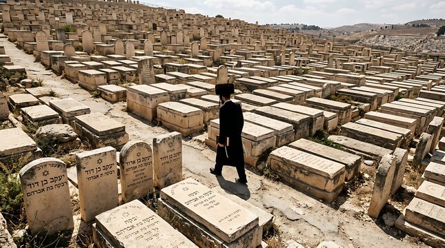 Orthodox Jewish Man Walking through the Ancient Mount of Olives Cemetery in Jerusalem, Israel; Wide Shot of Rows of Stone Graves with Hebrew Inscriptions and Star of David, Religious Burial Site.