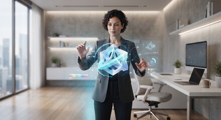 Fototapeta premium Graphic Designer Using Neural Hologram in Minimalist Studio