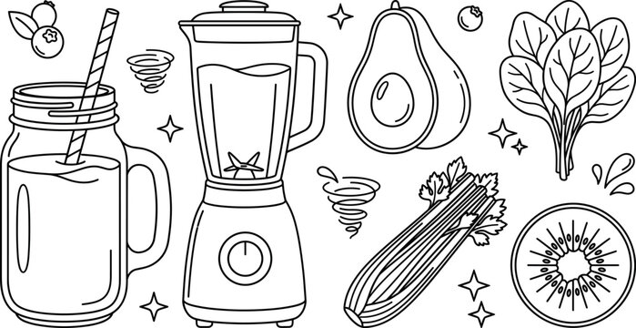 Healthy green smoothie maker elements set vector outline illustration coloring page blender icon bundle for diet design