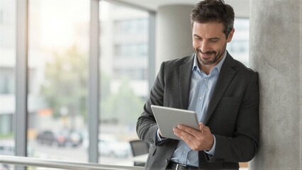 Fototapeta premium Businessman smiles while using tablet in modern office, leaning against pillar near window.