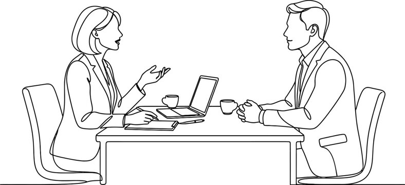 A Continuous line art illustration of a man and a woman in business attire having a professional conversation at an office desk with a laptop and coffee cups.