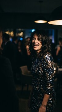Joyful woman laughing at party wearing sparkling dress in lively social setting