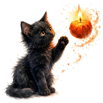 Black kitten reaching for a glowing apple
