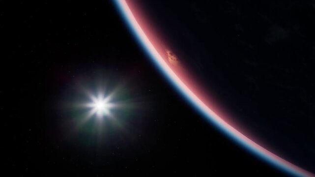 A view shows a bright star near a large planet in space. This scene captures the vastness and beauty of the universe. The star glows brightly as the planet curves below it.