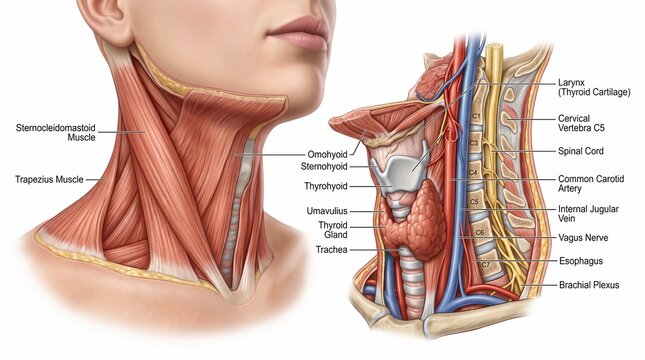 Human Neck Anatomy Illustration Showcasing Muscles and Internal Structure with Detailed Medical Labeling