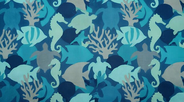 Sophisticated repeating marine motif featuring interlocking aquatic silhouettes in cool aquatic colorways pattern seamless fish tessellation blue gray marine geometric interlocking layout design