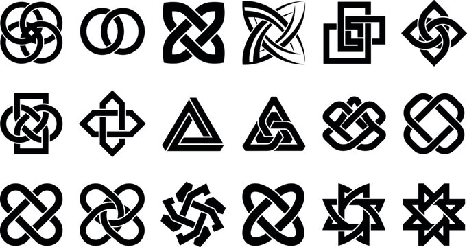 Abstract geometric celtic knots vector icon set featuring minimalist sacred geometry shapes impossible triangles infinity loops and modern branding logo elements,