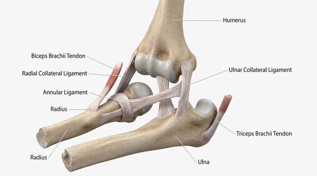 Elbow Joint Anatomy Showing Bone Structure with Ligaments and Tendons in a Detailed Medical Illustration