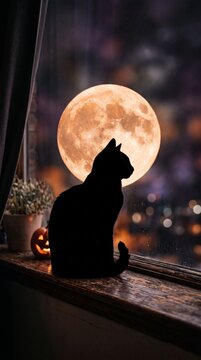 Silhouette of a cat sitting on a windowsill with a full moon in the background at night