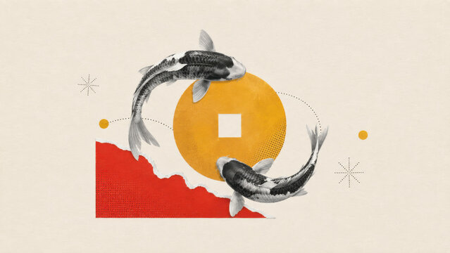Two koi carp swimming in a circle around a golden Chinese coin with a torn red shape in a minimal paper collage for chinese new year