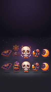 Halloween themed cartoon icons including skulls bats spiders candies and moon