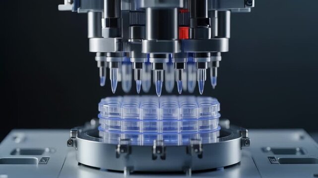 Automated laboratory pipetting robot handling microplates in a modern lab setting