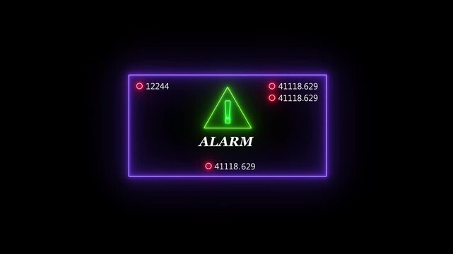 Digital alarm system interface with glowing neon warning triangle and rapidly changing data metrics for cyber security, network monitoring, system failure alerts, and high-tech industrial analytics