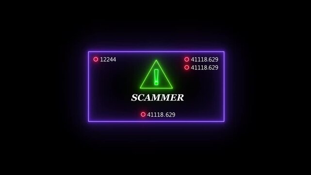 Cybersecurity alert featuring a glowing neon warning triangle and scammer text overlay with rapidly changing digital data counters for fraud detection and online safety presentations and concepts