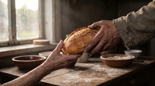 Two hands exchanging a rustic loaf of bread in a humble kitchen setting
