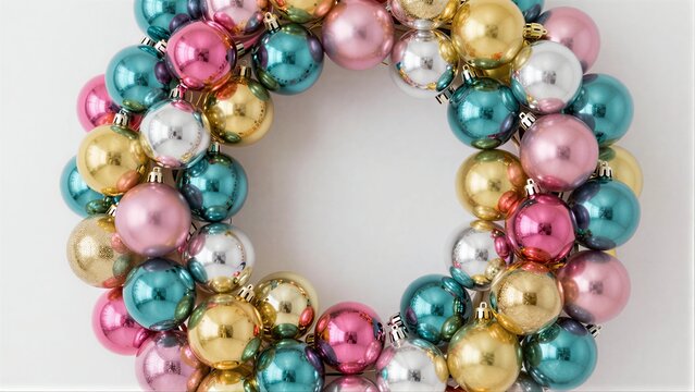 Vibrant, colorful Christmas ornaments form a festive, joyful wreath.