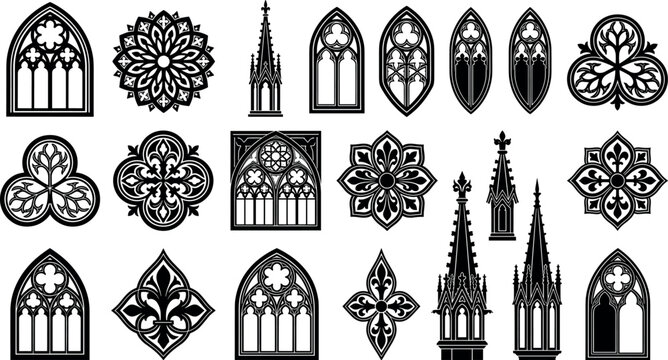 Gothic cathedral windows and spires architecture vector set featuring classic medieval arches rose ornaments trefoil tracery and historic stone design element silhouettes,